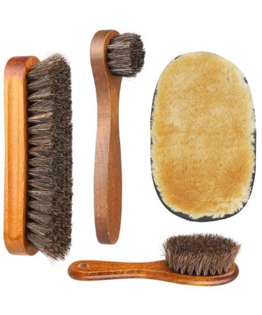 Sandiyago Shoe Brush Set - Horsehair Brush for Shoe Shine Polish Buff - 3 Pcs Shoe Polish Dauber Applicator Brushes + 1 Pc Shoes Polish Cloth Glove Brown 20.5 x 16x 6 cm