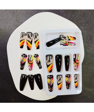 GORS Long Black Press on Nails - Colorful Coffin Fake Nails with Graffiti Note Designs | Full Cover False Nails for Women - Buy Online on GoSupps.com