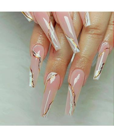 Press on Nails Long Coffin Fake Nails Nude False Nails with Golden Fissure Design Glossy Stick on Nails for Women M1 Golden Fissure