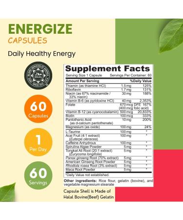 Natural Daily Energy Vitamins | Jitter-Free Focus & Mood Support | 60 Servings with Caffeine Taurine & Halal B Vitamins - Buy Online on GoSupps.com