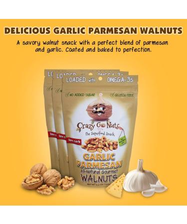 Crazy Go Nuts Garlic Parmesan Walnuts 4.5 oz (3-Pack) - Healthy Keto Snacks | Low Carb, Gluten-Free, Superfood with ALA Omega-3 Fatty Acids, Good Fats, and Antioxidants - Buy Online on GoSupps.com