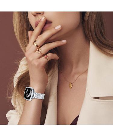 V-MORO Bling Diamond Metal Band with Protective Case for Fitbit Versa 4/Sense 2 - Silver - Buy Online on GoSupps.com
