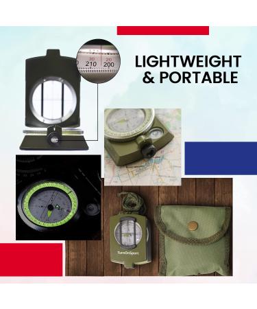 Lensatic Military Compass for Hiking - Tritium Compass Military Grade Style Camping Backpacking | Tactical Army Compass Survival Navigation | TurnOnSport Waterproof Sighting Compass with Pouch Green - Buy Online on GoSupps.com