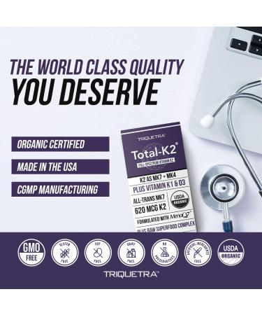 Total K2 | Vitamin K2 as MK7 & MK4 | Plus K1 & Vitamin D3 Cofactor - 620 mcg K2 per Serving - All-Trans MK7 from MenaQ7 - Full-Spectrum Vitamin K - Vegan Organic Certified (60 Capsules) 60 Count (Pack of 1) - Buy Online on GoSupps.com