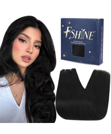 Fshine Black Weft Hair Extensions Real Human Hair Long Straight Hair Sew in Extensions Double Weft Remy Hair Weft Black Hair Extensions for Women 24Inch 100g