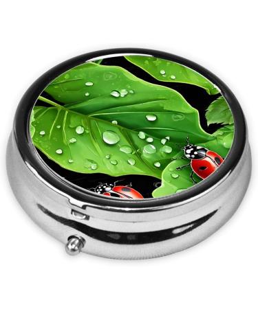 Decorative Round Pill Box with Leaves & Ladybugs - 3 Compartment Travel Organizer for Pills Vitamins & Tablets - Buy Online on GoSupps.com
