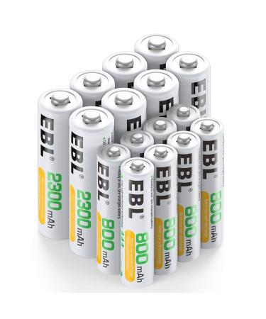 EBL 16 Sets AA AAA Batteries Combo with 8PCS AA 2300mAh & 8-Pack AAA 800mAh Rechargeable Batteries 8AA+8AAA