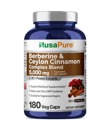 NusaPure Berberine with Ceylon Cinnamon 20:1 Extract 250 mg Equivalent to 5000mg 180 Veggie Capsules Vegetarian Non-GMO Supplement (Berberine Complex) 180 Count (Pack of 1)