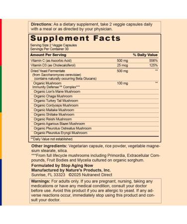 Stop Aging Now - Immune Support - with Vitamin C Vitamin D3 and Mushroom Complex - 60 Vegetarian Capsules - Buy Online on GoSupps.com