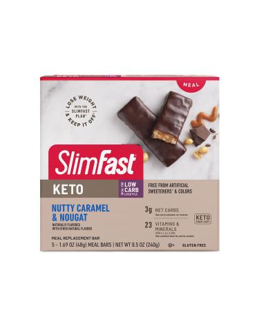 SlimFast Low Carb Meal Replacement Whey Protein Bar, Keto Friendly Chocolate Snacks for Weight Loss with 9g Protein, Nutty Caramel and Nougat, 5 Count Box (Packaging May Vary) Keto Caramel Nut Bar