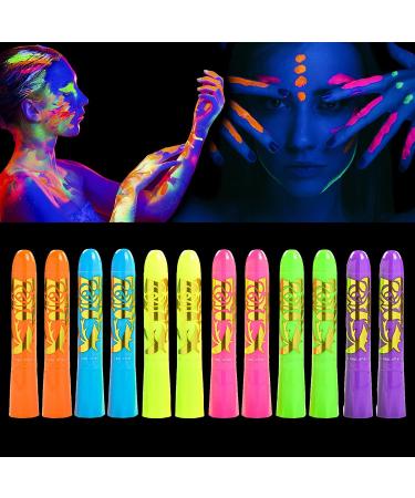 12 Pcs Glow in The Dark Body Face Paint Neon Glow in The Black Light UV Fluorescent Crayons Paint Sticks Makeup Kit for Kids Adults Halloween Masquerade Mardi Gras Blacklight Birthday Party 12pcs