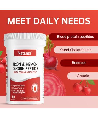 Natener 36mg Iron Supplement with 500mg Beetroot Quad Chelated Iron & Hemoglobin Peptide Synergistic - Enhanced Absorption without Gastrointestinal Side Effects* Support Anemia Hemoglobin* 60 caps - Buy Online on GoSupps.com