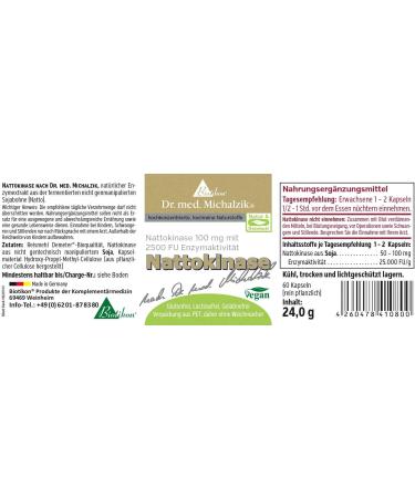 Nattokinase Dr. med. Michalzik - 100mg Daily Dose | Pure Fermented Soybean Extract | 25000 FU/G | 60 Additive-Free Capsules | Biotikon  - Buy Online on GoSupps.com