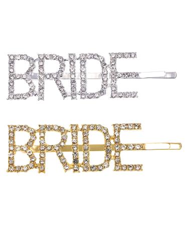 Bride Hair Clips Penta Angel 2Pcs Gold Silver Rhinestone Letter Clip Pins Hair Accessories for Bride to Be Women Girls Bridal Shower Wedding jewelry Bachelorette Party