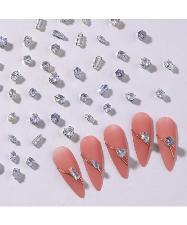 Nail Gems 70PCS Flat Back Shiny Mixed Rhinestones for Nails Silver Nail Art Rhinestones and Gems Nail Charms for Nail Art Design Decorations DIY Craft (Silver in 7 Styles)