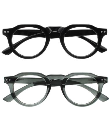 Opulize Rio Reading glasses with blue light filter - flattened frame - women & men - spring hinges - B53-1 +3.00 Magnification glossy black - transparent medium gray