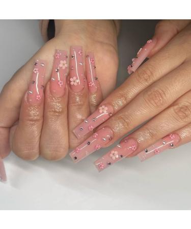 JUSTOTRY 24 Pcs Floral False Nails Long with Pearls and Diamond Pink French Press on Nails Patterns Ballerina Stick on Nails for Women Acrylic Coffin Fake Nails Medium with Glue for Nail Art flower&pink 1