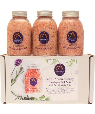 Absolute Aromas Pink Himalayan Bath Salts Set - De-Stress Lavender and Relaxation - 3 x 290g Jar Himalayan Salts Infused with 100% Pure Essential Oils