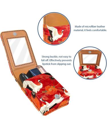 Stylish Leather Lipstick Case with Mirror | Mini Lip Gloss Organizer - White Crane Peony Flower Design - Buy Online on GoSupps.com