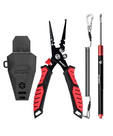 SAMSFX Fishing Pliers Fishing Gear with Rubber Handle, Lanyard, Braided Line Cutter and Sheath, Ice Fishing Gear, Fishing Gifts for Men 7.5'' Split Ring Nose Plier and 7.8'' Retractable Hook Remover