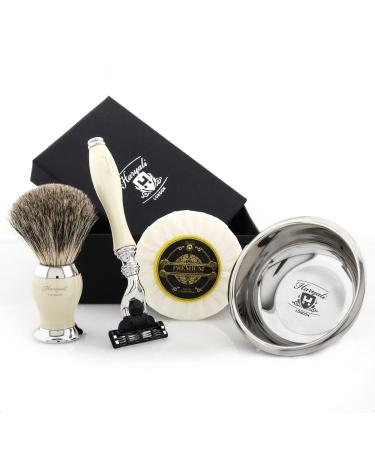 Mens Shaving Kit 3 Edge Razor with Pure White Badger Hair Shaving Brush Soap and Bowl Perfect Set for Men