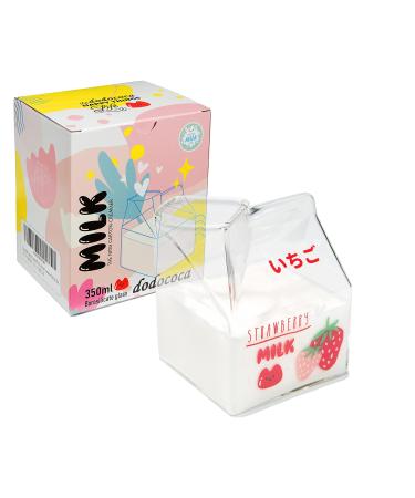Kawaii Glass Milk Carton Cup Cute Strawberry Milk Cup Mini Creamer Pitcher Container Microwavable 12 Oz, 1Pcs