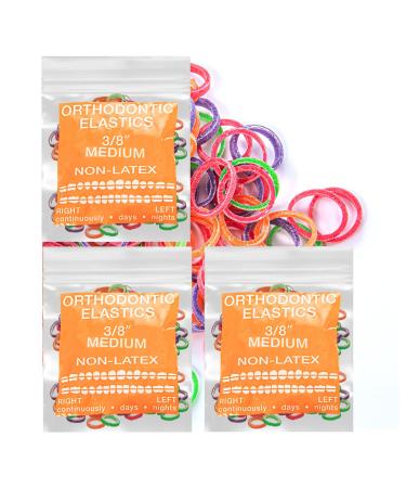 Neon non-Latex 3 Packs 300 counts 3/8inch (9.5mm) Medium (4.5oz) Intraoral Elastic Bands Orthodontic Elastics Dental Rubber Bands Made in US (Medium 4.5oz 3/8inch 9.5mm) 3/8 Inch 9.5mm (Medium 4.5oz )