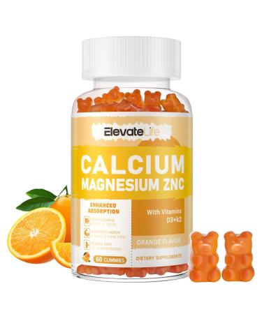 Calcium Magnesium Zinc Gummies with Vitamin D3 & K2 - High Potency Enhanced Absorption -60 Orange Gummies Flavored Orange 60 Count (Pack of 1)