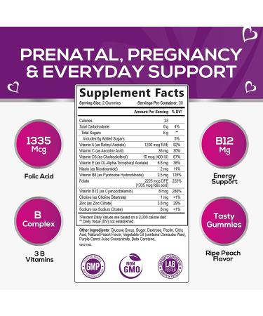 Extra Strength Prenatal Folic Acid Gummies for Women - Chewable Folate Supplement for Pregnancy - 60 Peach Flavor Gummies - Buy Online on GoSupps.com