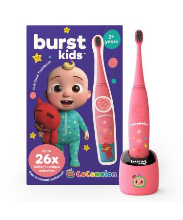 CoComelon x BURSTkids Kids Electric Toothbrush, Soft Bristle Kid & Toddler Toothbrush, 2-Minute Timer, Rechargeable Battery, Easy-Grip Silicone Handle, 2 Brush Modes, Ages 2+, Pink with JJ Cocomelon Pink