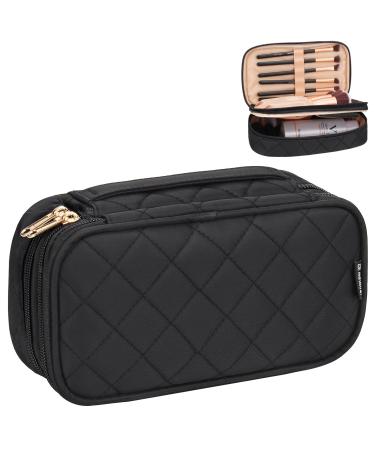 Small Makeup Bag, Relavel Cosmetic Bag for Women 2 Layer Travel Makeup Organizer Black Handbag Purse Pouch Compact Capacity for Daily Use, Makeup Brush Holder, Waterproof Nylon, Durable Zipper (Black) Small Black Pro