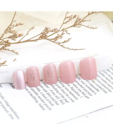 24Pcs Short Square Fake Nails Pink White Glitter Full Cover Glossy Stick on Nails for Women - Style 5 - Buy Online on GoSupps.com