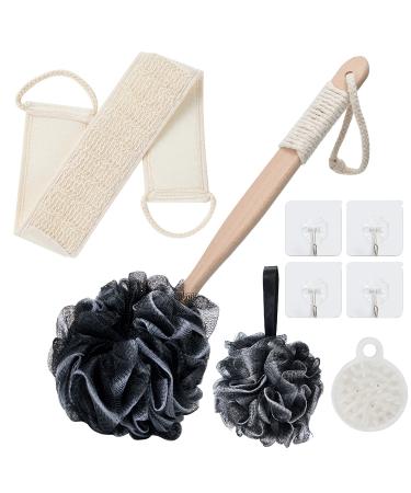 8Pack Bath Brush Set -Shower Loofah Sponge with Long Handled Natural Loofah Exfoliating Back Scrubber for Shower Luffa Pouf Scalp Massager and 4 Hook Back Scrubber for Shower for Men and Women