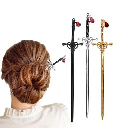 Whaline 3 Pieces Sword Hair Sticks Metal Sword Hair Pins Stick with Gemstone Pendant Vintage Chinese Style Hair Buns Chopsticks Black Sliver Gold Color for Women Girls Long Thick Hair Accessories