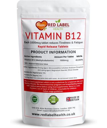 Red Label Health Vitamin B12 Tablets High Strength 1000mcg for Men & Women Pack of 360 Tablets (1 Year Supply) Methylcobalamin B12 Vitamin for Tiredness and Fatigue Vegetarian Vegan 1 count (Pack of 360) - Buy Online on GoSupps.com