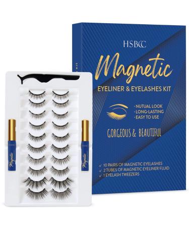 Magnetic eyelashes with eyeliner set 3D magnetic eyelashes kit with 10 pairs reusable false eyelashes natural look magnetic eyelashes tweezers and eyeliner easy to wear
