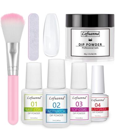 Lofuanna Dip Powder Nail Kit Starter-Clear Nail Dipping Powder with Base&Top Coat&Activator&Brush Saver,No UV/LED Needed,DIY French Nail Art Manicure,Easy to Apply for Home or Salon Use 010