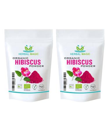 Herbal Magic's Organic Pink Hibiscus Powder - Whole Flower - Natural Face Skin Hair Mask Sparkle your smoothies shakes baking -OF&G UK Organic Certified - Pack 2 1 count (Pack of 2)