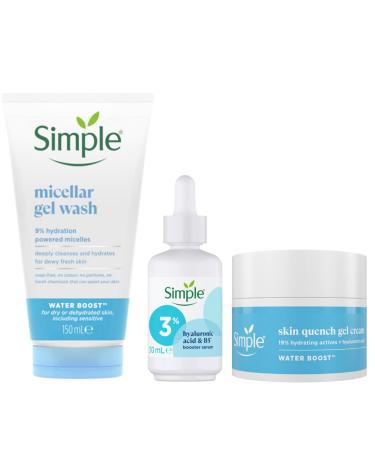 Simple Water Boost Skin Quench Gel Face Cream for Dry Skin 50 ml + Simple 3% Hyaluronic Acid + B5* Booster Serum Serum 30 ml & Simple Water Boost Micellar 100% Soap-Free Face Cleanser 150 ml