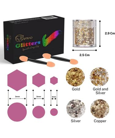 SAIFTRAD Glitter Set - 8 Jars Gold Silver Holographic Cosmetic Chunky Sequins for Body, Face, Eyes, Hair, Nail Art - Nail Brush & Sponge Included - Buy Online on GoSupps.com