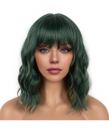LANCAINI Dark Green Short Bob Wigs with Bangs for Women Loose Wavy Wig Curly Wavy Shoulder Length Bob Synthetic Cosplay Wig for Girl Colorful Costume Wigs