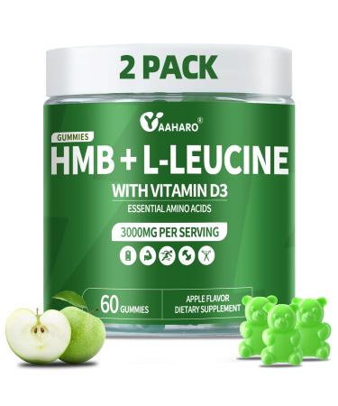 2 Pack HMB and L-Leucine Gummies - 3000mg HMB and Leucine Amino Acid with Vitamin D3 for Muscle and Energy Support HMB Supplements for Men and Women Sugar-Free Vegan Apple Flavor 120 Gummies