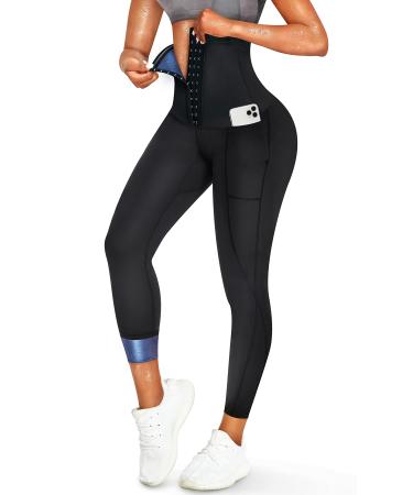 AGILONG Women Sauna Sweat Pants with Pocket High Waist Workout Capris Leggings Hot Thermo Body Shaper Weight Loss Black Large