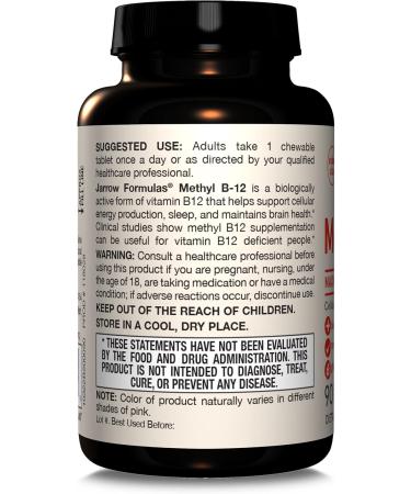 Jarrow Formulas Maximum Strength Methyl B-12 5000 mcg Dietary Supplement - 90 Cherry Chewable Tablets - Bioactive Vitamin B-12 - Supports Cellular Energy Production Sleep & Brain Health (Pack of 12) 6 Count (Pack of 180) S  - Buy Online on GoSupps.com