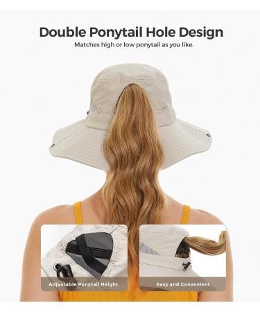 Women's UPF50+ Sun Hat with Ponytail Hole - Waterproof Beach Bucket Hat in Beige - Buy Online on GoSupps.com