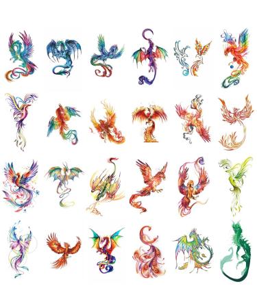 Wyuen 24 Sheets Phoenix Dragon Temporary Tattoo Sticker Women Men Watercolor Tattoos Body Art Waterproof Hand Fake Sticker W15