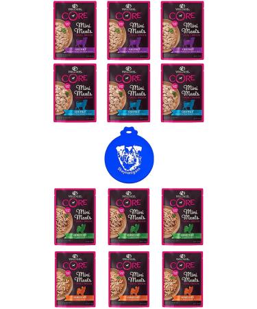 Wellness CORE Grain Free Small Dog Breed Shredded and Chunky Mini Meals in 4-Flavor Variety Bundle (12 Pouches Total, 3 Ounces Each) Plus Silicone Lid