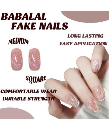 BABALAL Pink Chrome Square Press on Nails - Medium Fake Acrylic Squoval Nails for Women and Girls | BBFNB03 - Buy Online on GoSupps.com