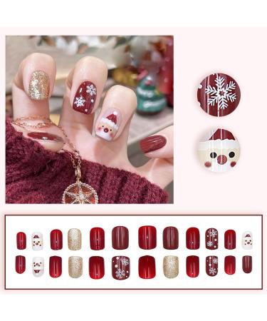 Christmas False Nails Set - 24Pcs Red Short Square Press on Nails with Santa & Snowflake Xmas Glitter. Perfect for Women & Girls Festival Holiday Nail Art - Buy Online on GoSupps.com