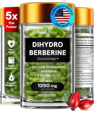 HealMeal Dihydroberberine Supplement - Dehydro Berberine Organic - Super Berberine Supplement with Ceylon Cinnamon & R Alpha Lipoic Acid & Apigenin - Hydroberberine 120 caps (1 Pack)